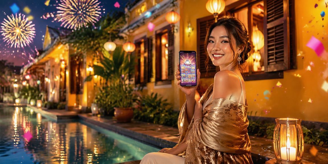 Người dùng tại Hội An dùng điện thoại truy cập ứng dụng casino trong không khí lễ hội đèn lồng